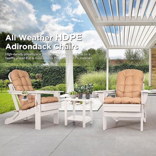 nalone Folding Adirondack Chairs Set of 2 with Cushion with Cup Holder, HDPE Plastic Oversized Patio Chair Weather Resistant, Used in Outdoor, Fire Pit, Deck, Garden, Campfire Chairs (White)