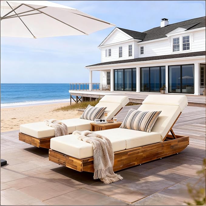espidoo Acacia Wood Outdoor Chaise Lounge: 300lb Capacity & 3-Position Adjustable - Beige Water-Repellent Cushion & - Photo 5