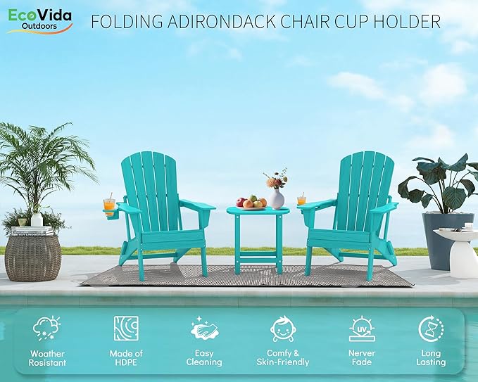 3-Piece Folding Adirondack Chair Set - 38" Extra Tall Back & Embossed Wood Grain - Photo 3