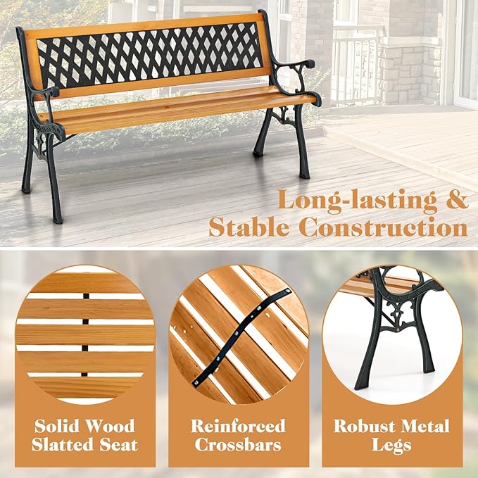 Giantex 49.5" 3-Person Outdoor Bench with Lattice Pattern Backrest, 470 Lbs Capacity, Slatted Seat, Curved Armrests, Cast Iron Metal Bench for Garden, Outside, Patio, Porch, Yard, Park