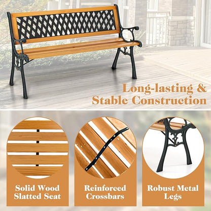 Giantex 49.5" 3-Person Outdoor Bench with Lattice Pattern Backrest, 470 Lbs Capacity, Slatted Seat, Curved Armrests, Cast Iron Metal Bench for Garden, Outside, Patio, Porch, Yard, Park