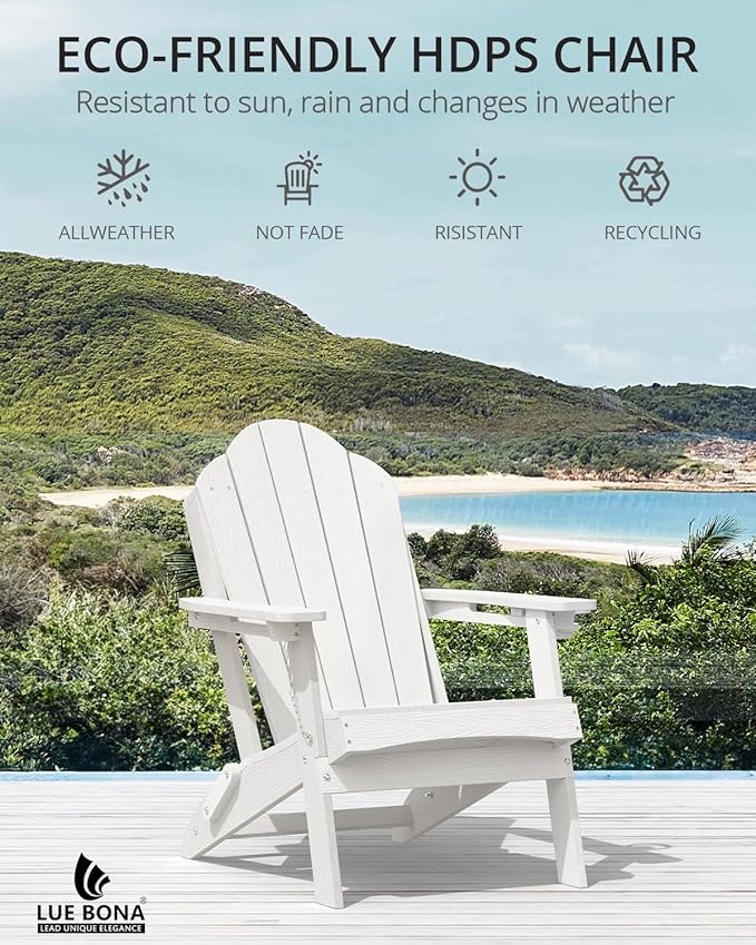 LUE BONA Folding Adirondack Chair, Cup Holder, Woodgrain, Fire Pit, Patio, Pool, White - Photo 5