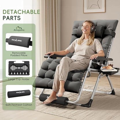 Amopatio Oversized Zero Gravity Chair, XL 29In Reclining Camping Lounge Chair w/Removable Cushion&Headrest, Upgraded Lock and Footrest, Folding Patio Recliner for Indoor Outdoor, Dark Grey