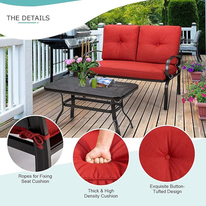 Giantex Patio Loveseat with Coffee Table Outdoor Bench with Cushion and Metal Frame, Loveseat Porch Furniture Set Sofa for Garden, Yard, Patio or Poolside (Red & Black)