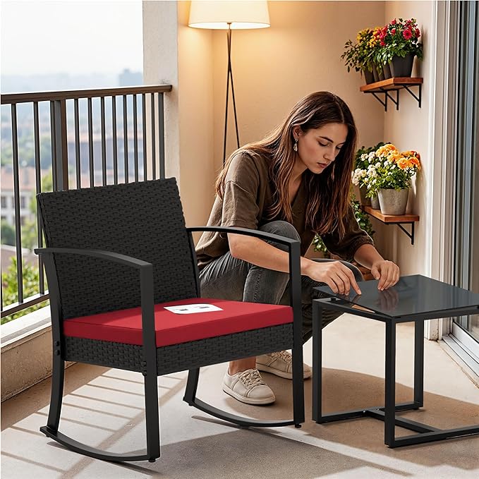 Homall Patio Furniture Set 3 Piece Resin Outdoor Bistro Set Rocking Patio Chairs with Cushions and Table for Porch, Poolside, Balcony and Yard (Red)