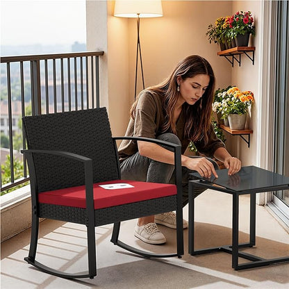 Homall Patio Furniture Set 3 Piece Resin Outdoor Bistro Set Rocking Patio Chairs with Cushions and Table for Porch, Poolside, Balcony and Yard (Red)