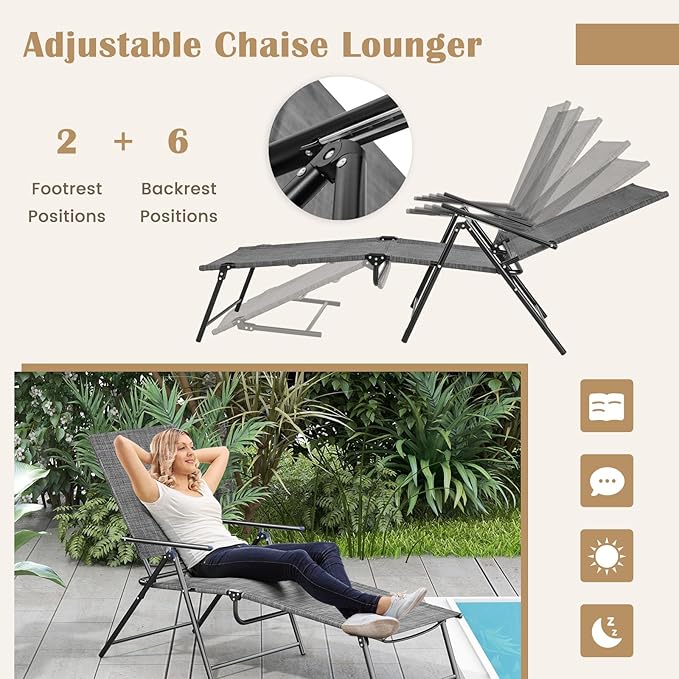 Giantex Lounge Chair Outdoor Set of 2 - Tanning Chair with 6 Adjustable Backrest, 2-Level Footrest - Photo 4