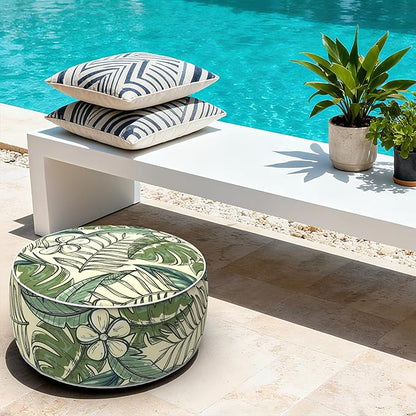 LVTXIII Indoor/Outdoor Inflatable Ottoman with Handle D21 x H9 Inch, Weather-Resistant Round Footstool Pouf for Patio Camping Living Room, Portable Footrest Extra Seating, Tropical Paradise