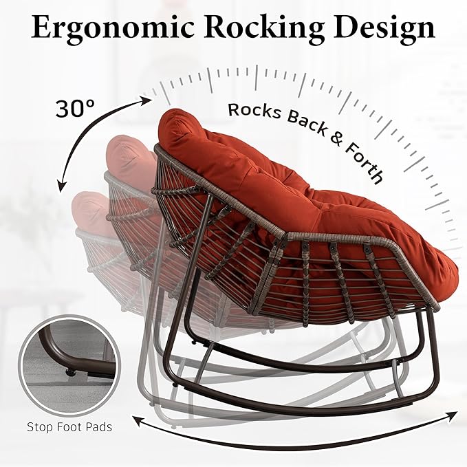 Large Indoor Outdoor Rocking Chair, Oversized Rocking Papasan Chair with Thick Cushion and Frame Outdoor Rocker, Comfy Wicker Egg Chairs Lounge for Outside Porch Patio Backyard (Red, Set of 2)