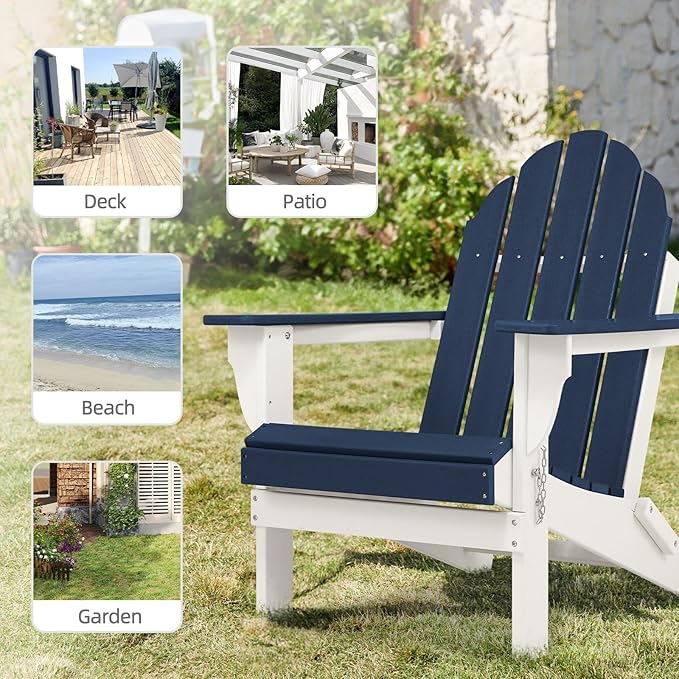 Aoodor HDPE Outdoor All-Weather Folding Adirondack Chair for Patio, Garden, Backyard, Lawn, Fire Pit, Navy Blue