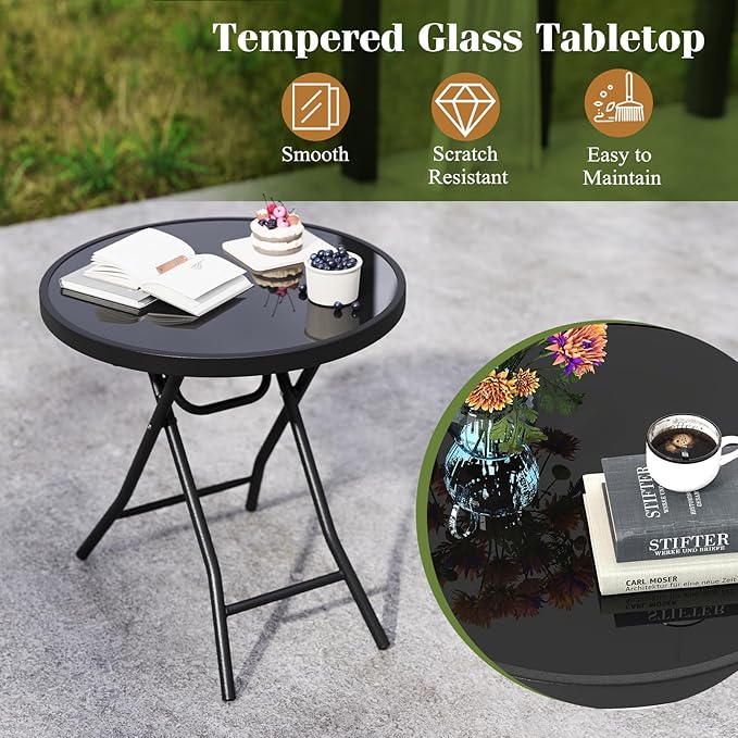 Giantex Folding Outdoor Side Table with Tempered Glass Tabletop & Metal Frame, Portable 18” Round End Table for Patio, Sofa Side, Yard, Porch, Poolside Living Room, Black
