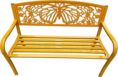 Hi-Line Gift Ltd 50" Outdoor Metal Garden Bench with Butterfly Design Backrest - Yellow
