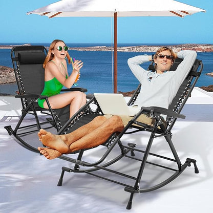 MoNiBloom Rocking Lounger Outdoor Chair Set of 2, Portable High Back Compact Foldable Reclining Zero Gravity Lounge Patio Rocking Chair with Adjustable Armrest and Footrest for Beach Yard Pool Outdoor