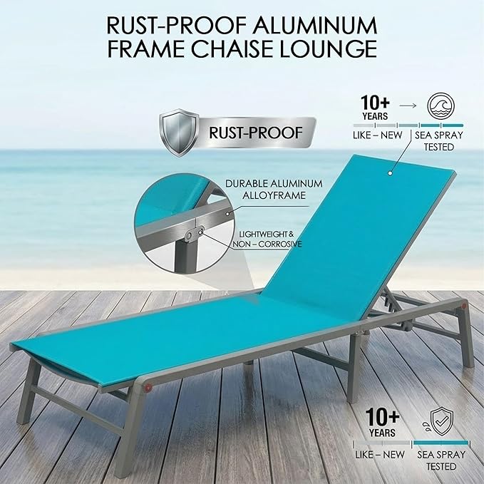 Kozyard Outdoor Foldable Lounge Chair, Aluminum Frame Patio Lounger with 5-Position Adjustable Backrest, Breathable Textilene Fabric, Assemble-Free, Reclining Full-Flat Poolside(Aqua)
