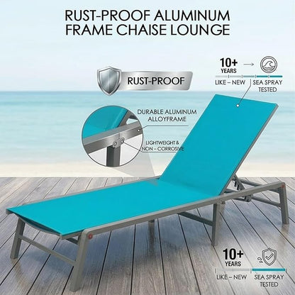 Kozyard Outdoor Foldable Lounge Chair, Aluminum Frame Patio Lounger with 5-Position Adjustable Backrest, Breathable Textilene Fabric, Assemble-Free, Reclining Full-Flat Poolside(Aqua)