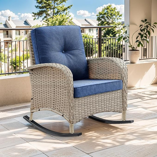 Patio Rocking Chair: Outdoor Wicker Rocker Porch Rocking Chair with Removable Cushion, 300 Lb Weight Capacity Rattan Rocking Seating for Balcony Garden Light Grey/Blue