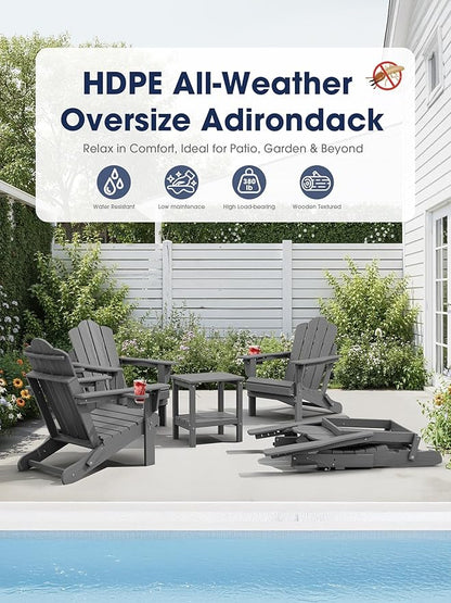 KINGYES Adjustable Folding Adirondack Chair, 3-Position Reclining Adirondack Chairs with Cup Holder, HDPE All-Weather Oversized Adirondack for Outdoor, Patio, Backyard Deck, Fire Pit, White
