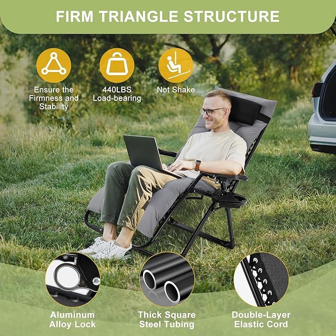 Zero Lounge Chair Supports 440 Lbs, Indoor/Outdoor Adjustable Folding Recliner with 33 Inch Seat - Photo 6