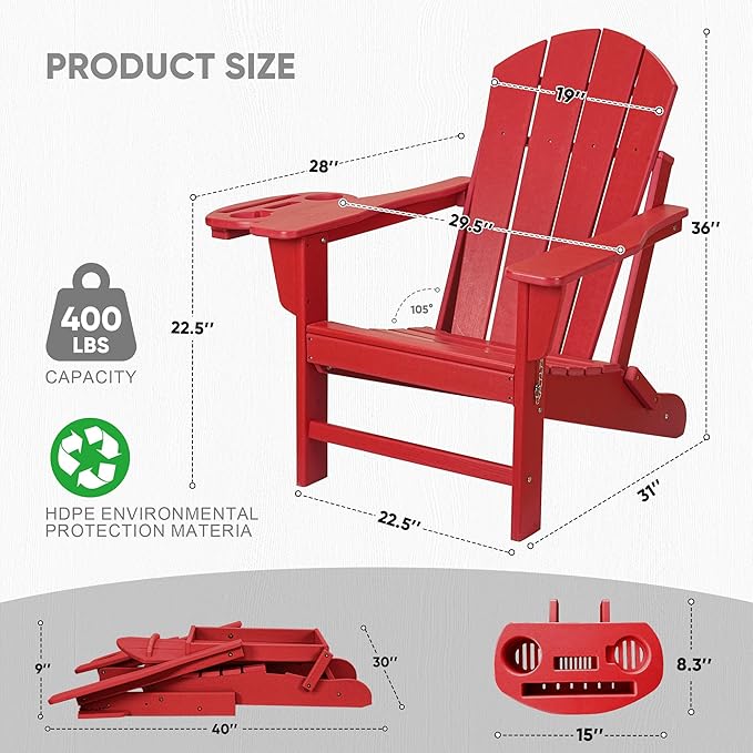FOOWIN Folding Adirondack Chair Set of 2, HDPE Adirondack Chairs with Cup Holder - Photo 3