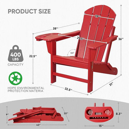 FOOWIN Folding Adirondack Chair Set of 2, HDPE Adirondack Chairs with Cup Holder, Weather Resistant Plastic Fire Pit Chairs for Outdoor, Patio, Lawn, Garden, Backyard, Deck, Red