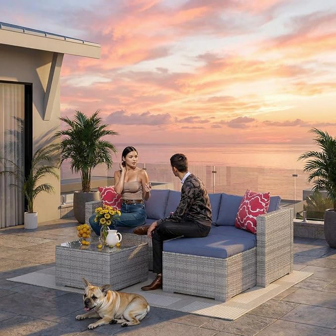 5-Piece Patio Sectional Sofa Set, All-Weather Brown PE Rattan Outdoor Conversation Furniture with Neutral-Tone Cushions - Photo 5