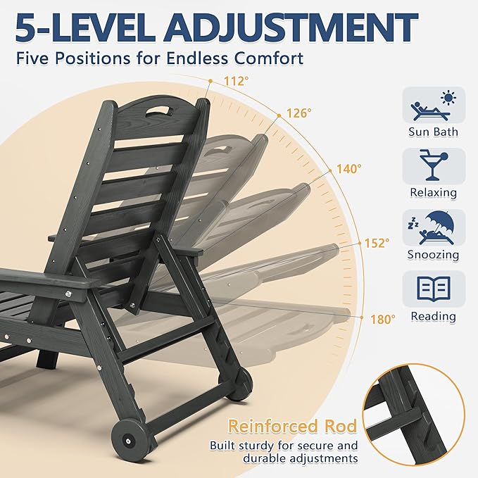 Patio Chaise Lounge Chair, HDPE Outdoor Lounge Chairs with 5-Position Adjustable Backrest, Cup Holder and Wheels, 450lbs Capacity for Poolside Deck Backyard, All Weather Material(Gray)