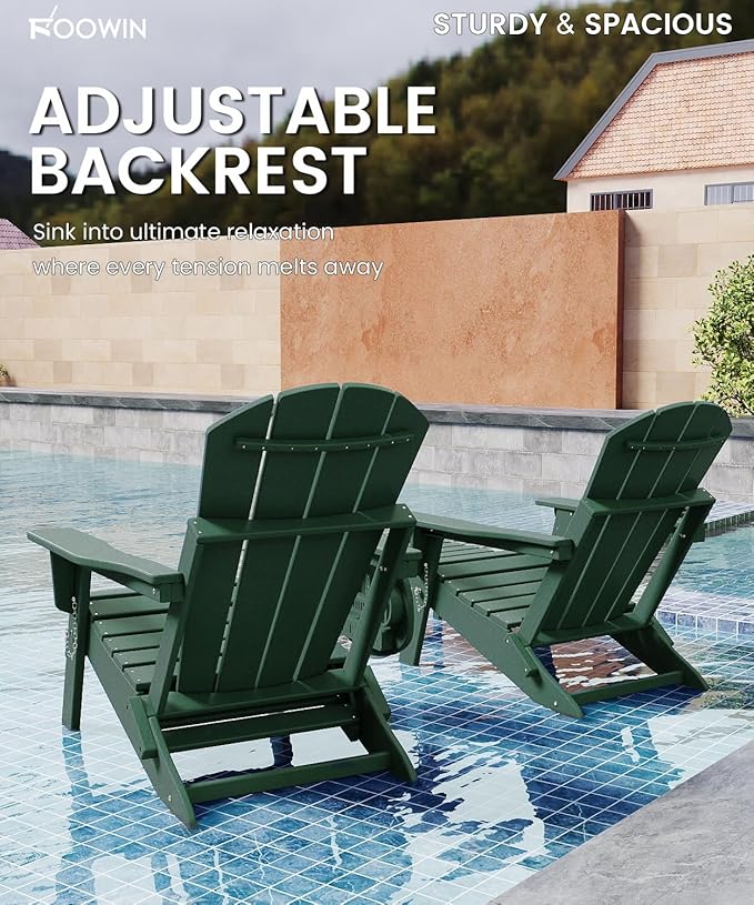 FOOWIN Folding Adjustable Adirondack Chair with Retractable Ottoman Set of 2, HDPE Adirondack Chair w/4 in 1 Cup Holder Trays,All-Weather Resistant Fire Pit Chair for Outdoor Patio Lawn, Dark Green