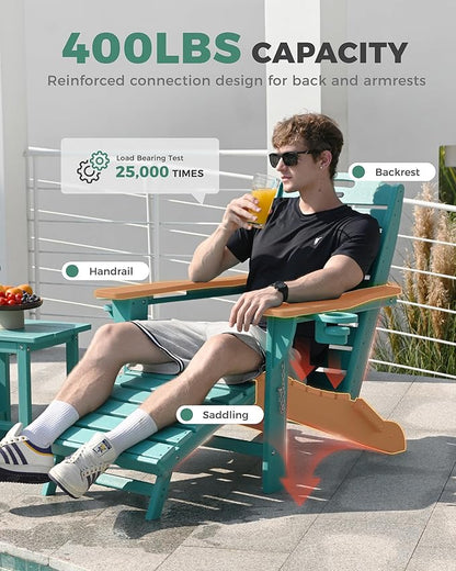 Folding Adirondack Chair with Retractable Ottoman, Weather Resistant Fire Pit Chair Patio Chair with 2 Cup Holder Lawn Outdoor Lounge Chair (Lake Blue)