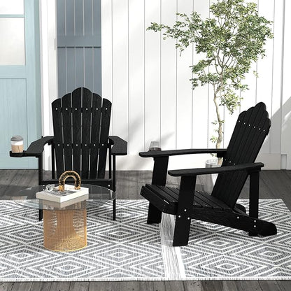 Tangkula Oversized Adirondack Chair, Patio Lounge Chairs w/Adjustable Cup Holder, HIPS Armchairs Slatted Chair, Outdoor Weather Resistant Fire Pit Chair for Deck Backyard Garden Porch (4, Black)