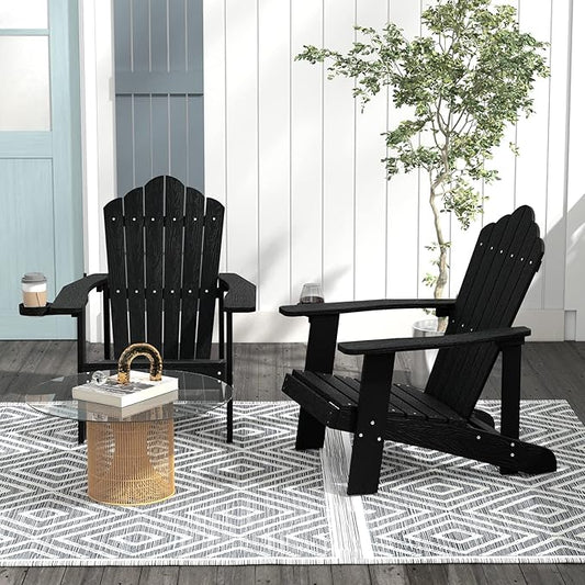 Tangkula Oversized Adirondack Chair, Patio Lounge Chairs w/Adjustable Cup Holder, HIPS Armchairs Slatted Chair, Outdoor Weather Resistant Fire Pit Chair for Deck Backyard Garden Porch (2, Black)