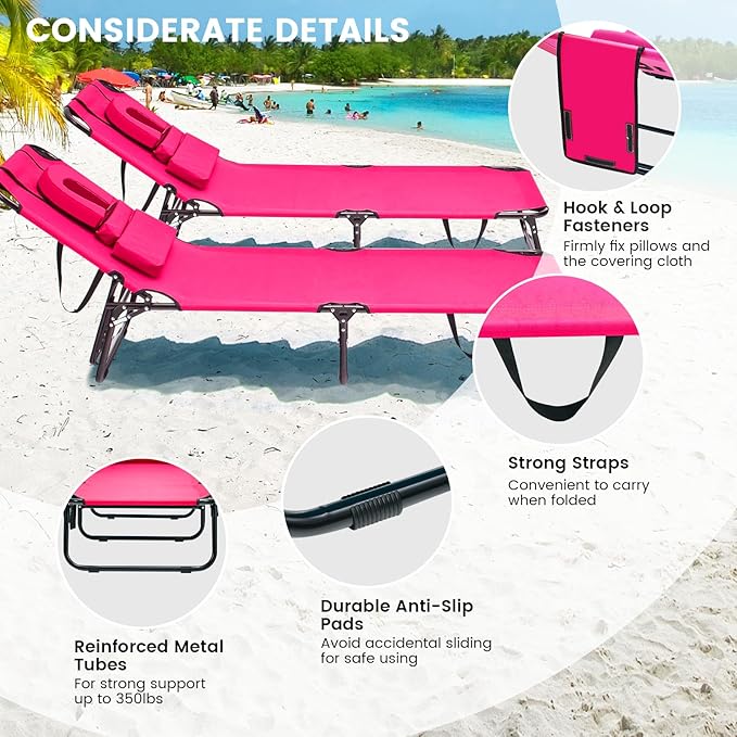 GYMAX Tanning Chair, 330lbs Beach Lounge Chair with Face Hole, Washable Pillow & Carry Strap, Adjustable Folding Chaise Lounge, Layout Chair for Outside, Patio, Poolside, Lawn (1, Pink)