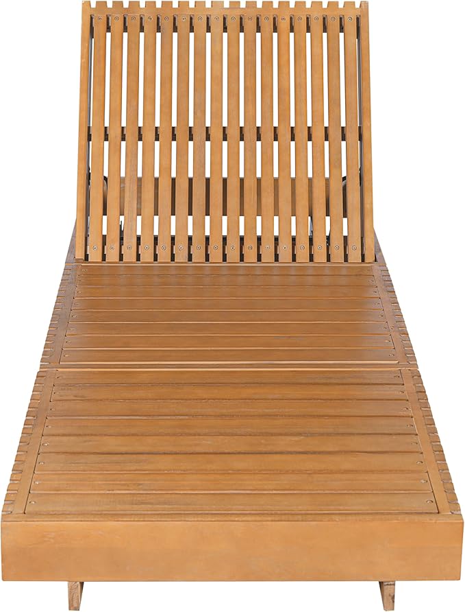 Merax Acacia Wood Chaise Lounge Set w/ 6-Position Adjustable Backrest & Cushion - Outdoor Patio Poolside Furniture, Beige