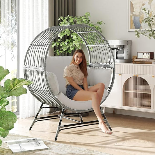 Fancyango Egg Chair Outdoor Indoor, Oversized Rattan Chair with Thicken Cushion, 350LBS Capacity Wicker Patio Lounge Chair, Basket Chair for Living Room Balcony Porch Backyard, Grey/Light Grey