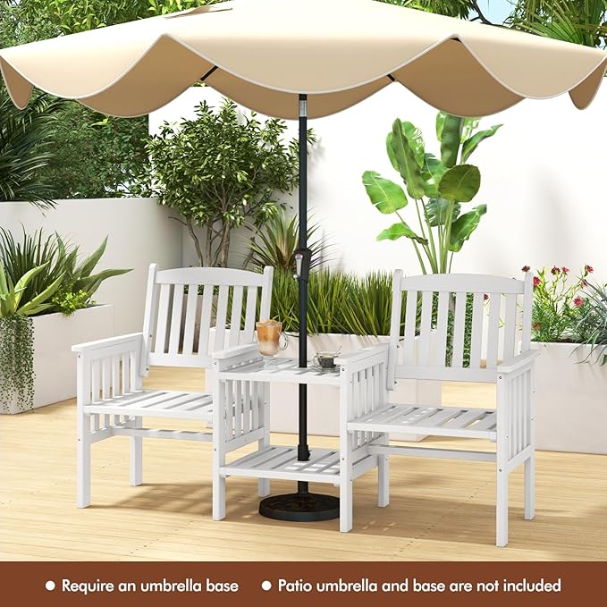 Tangkula Outdoor Wood Loveseat with 2-Tier Side Table and Umbrella Hole - Photo 4