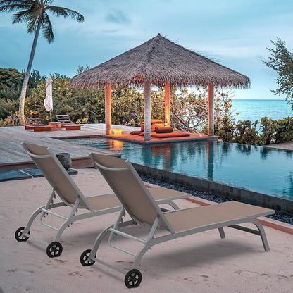 Domi Pool Lounge Chairs Set of 2, Adjustable Aluminum Outdoor Chaise Lounge with Wheels Patio Lounge Chairs, All Weather for Deck Lawn Poolside Backyard-Khaki Textilene