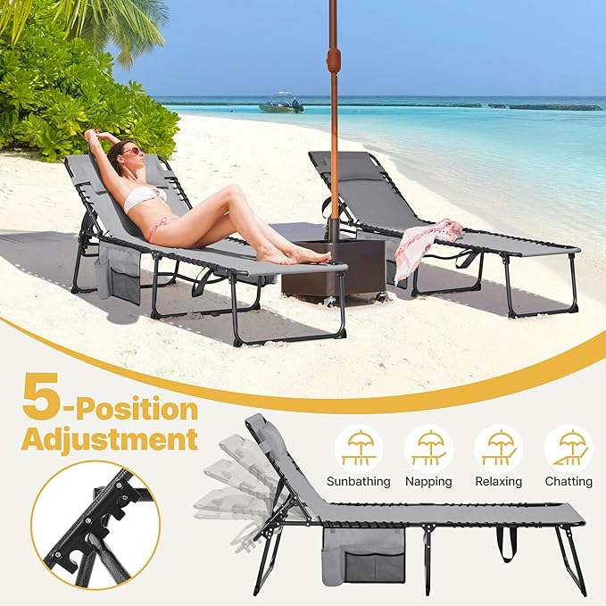 Yaheetech 22.4" Outdoor Folding Tanning Chair, Chaise Lounge Chairs with 5 Back Position Adjustable, Extended Portable Lounger for Beach, Patio, Gray