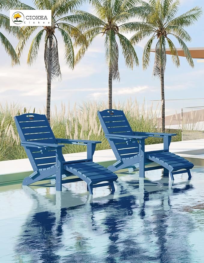 Ciokea Folding Adirondack Chair Set of 2 with Retractable Ottoman Fire Pit Patio Chair with Pull Out Foot Rest Weather - Photo 2