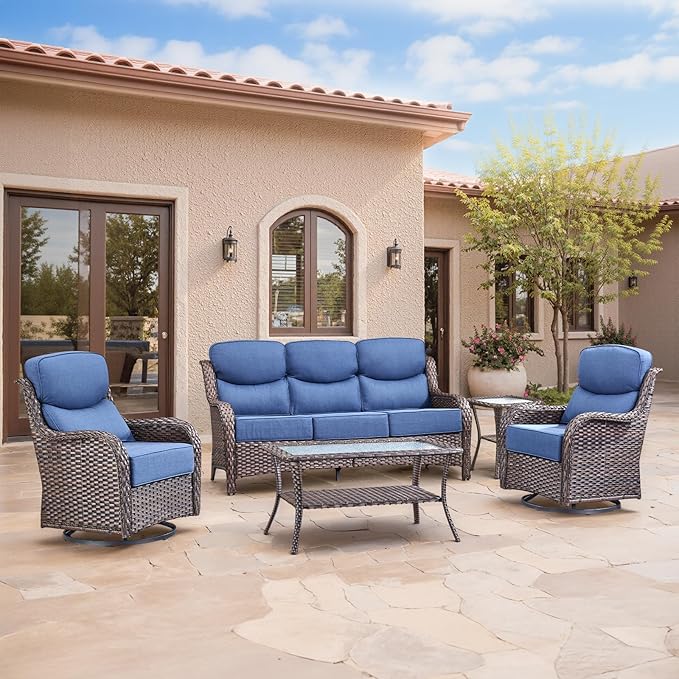 Swivel Patio Chairs sofa Set of 5 with 6" Thick Cushion - Wicker Outdoor Swivel Rocker Patio Chair ,Sofa/Glass coffee - Photo 1