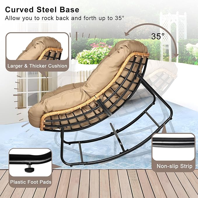 Outdoor Egg Rocking Chair, Indoor Papasan Rocking Chair with Thick Cushion, Modern Lounge Rocker for Balcony, Living Room, Bedroom, Porch, Lawn, Garden (Yellow)