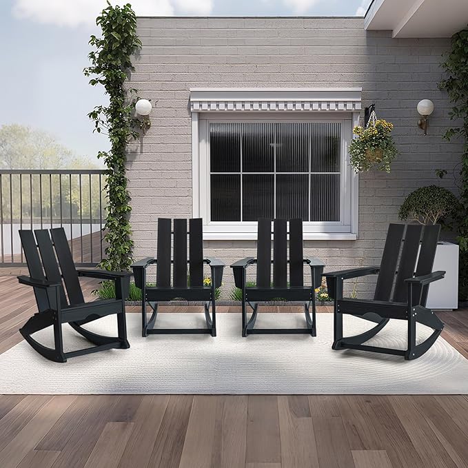 PROHIKER Adirondack Rocking Chair, HDPE All Weather Outdoor Patio Chair with High Backrest and Footboard, Indoor Adirondack Rocker for Lawn Garden Porch Backyard, Black