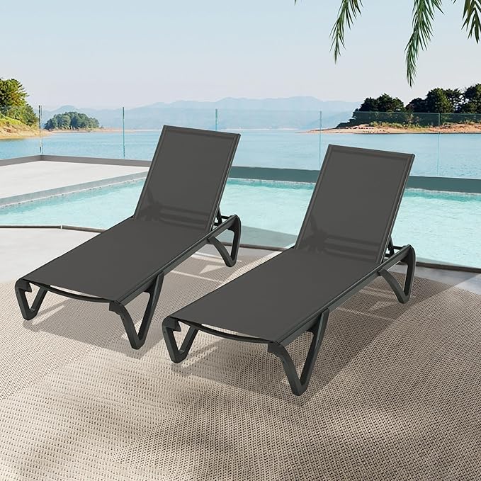 Domi Pool Lounge Chairs Set of 2, Aluminum Patio Chaise Lounge with Wheels, 5 Position Adjustable, All Weather Outdoor Lounge Chairs for Beach, Yard, Balcony, Poolside, Dark Grey
