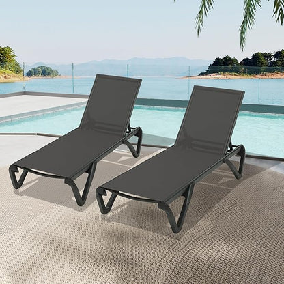 Domi Pool Lounge Chairs Set of 2, Aluminum Patio Chaise Lounge with Wheels, 5 Position Adjustable, All Weather Outdoor Lounge Chairs for Beach, Yard, Balcony, Poolside, Dark Grey
