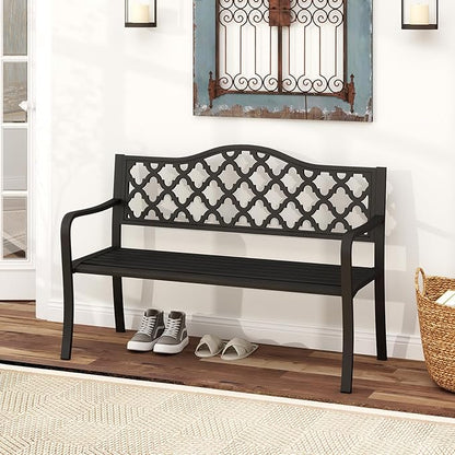 Giantex Metal Outdoor Bench with Backrest, Curved Armrests, Slatted Seat for 2-3 Persons, Load 660 lbs, 47''x16'' Heavy-Duty Seating, Patio Garden Bench for Backyard, Poolside, Porch, Park, Black