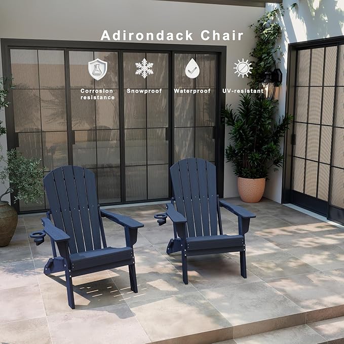 Folding Adirondack Chair Set of 2，Wooden Textured Fire Pit Chair with Cup Holder, Heavy All-Weather HDPE Plastic Outdoor Patio Chairs for Poolside Backyard Patio Outdoor Garden