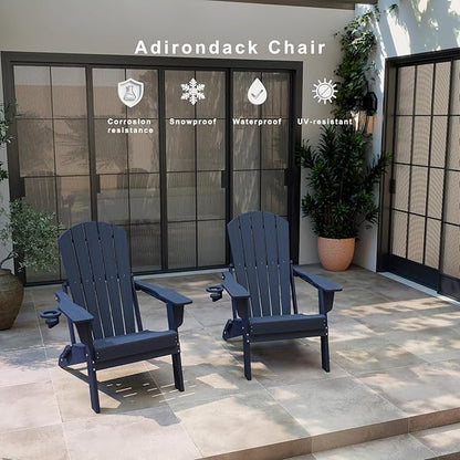 Folding Adirondack Chair Set of 2，Wooden Textured Fire Pit Chair with Cup Holder, Heavy All-Weather HDPE Plastic Outdoor Patio Chairs for Poolside Backyard Patio Outdoor Garden