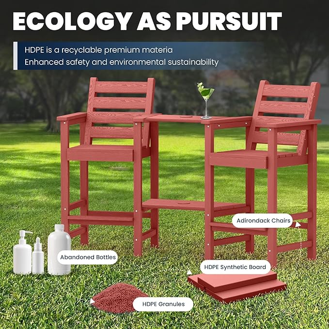 PLUUV Tall Adirondack Chairs Set of 2, All Weather HDPE Poly Bar Height Balcony Adirondack Chair with Removable Double Connecting Trays, Outdoor Adirondack Barstools for Deck, Patio, Yard, Pool, Lawn