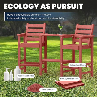 PLUUV Tall Adirondack Chairs Set of 2, All Weather HDPE Poly Bar Height Balcony Adirondack Chair with Removable Double Connecting Trays, Outdoor Adirondack Barstools for Deck, Patio, Yard, Pool, Lawn