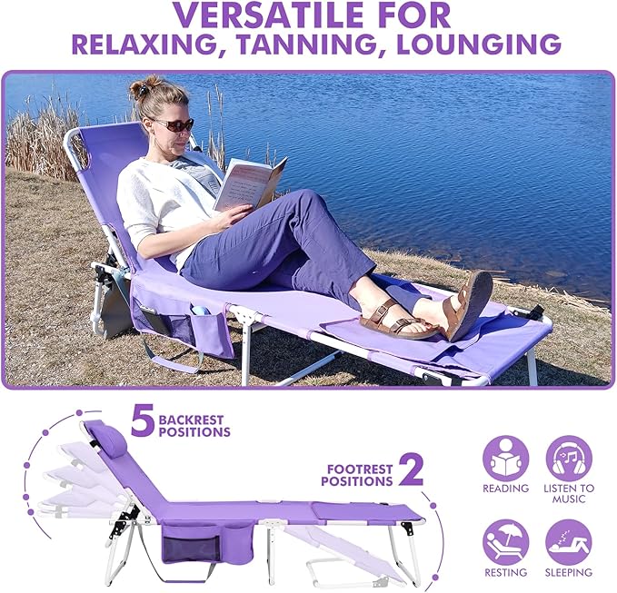 Tanning Chair with Sun Canopy Face Hole Softer Padded Adjustable Washable, Heavy Duty Layout Folding Lounge Chair for Adults Outside Beach Reading Sunbathing Poolside Lawn, UPF 50+ Sun Shade, 300 LBS