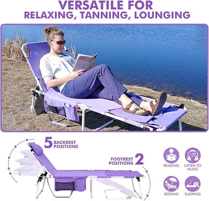 Tanning Chair with Sun Canopy Face Hole Softer Padded Adjustable Washable, Heavy Duty Layout Folding Lounge Chair for Adults Outside Beach Reading Sunbathing Poolside Lawn, UPF 50+ Sun Shade, 300 LBS