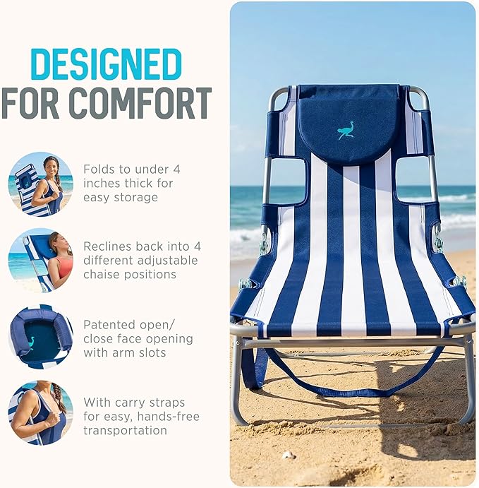 Ostrich Beach Lounge Chair, Folding & Reclining Outdoor Chaise Lounger, Blue/White Striped - Portable Adjustable Recliner Chair for Lawn, Pool, Patio, Garden, and Yard